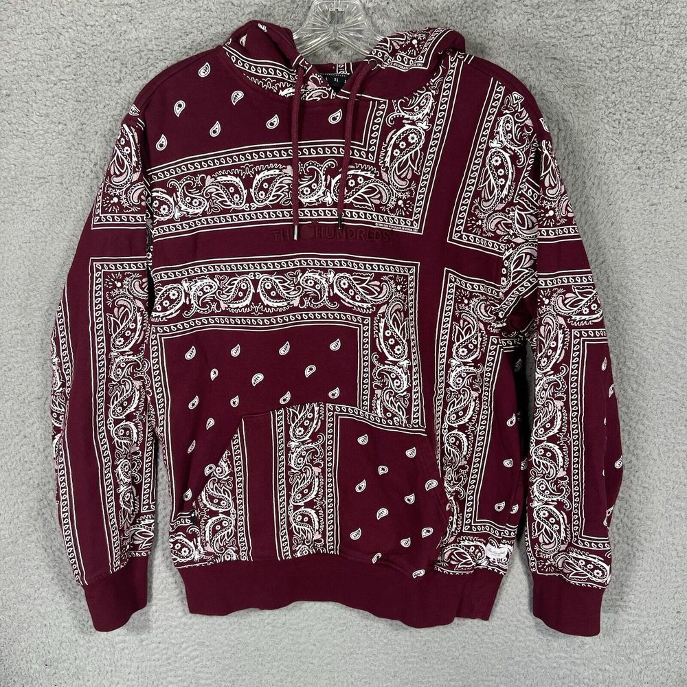 The Hundreds Bandana Hoodie Mens Small Red Burgundy Paisley Long Sleeve Pullover